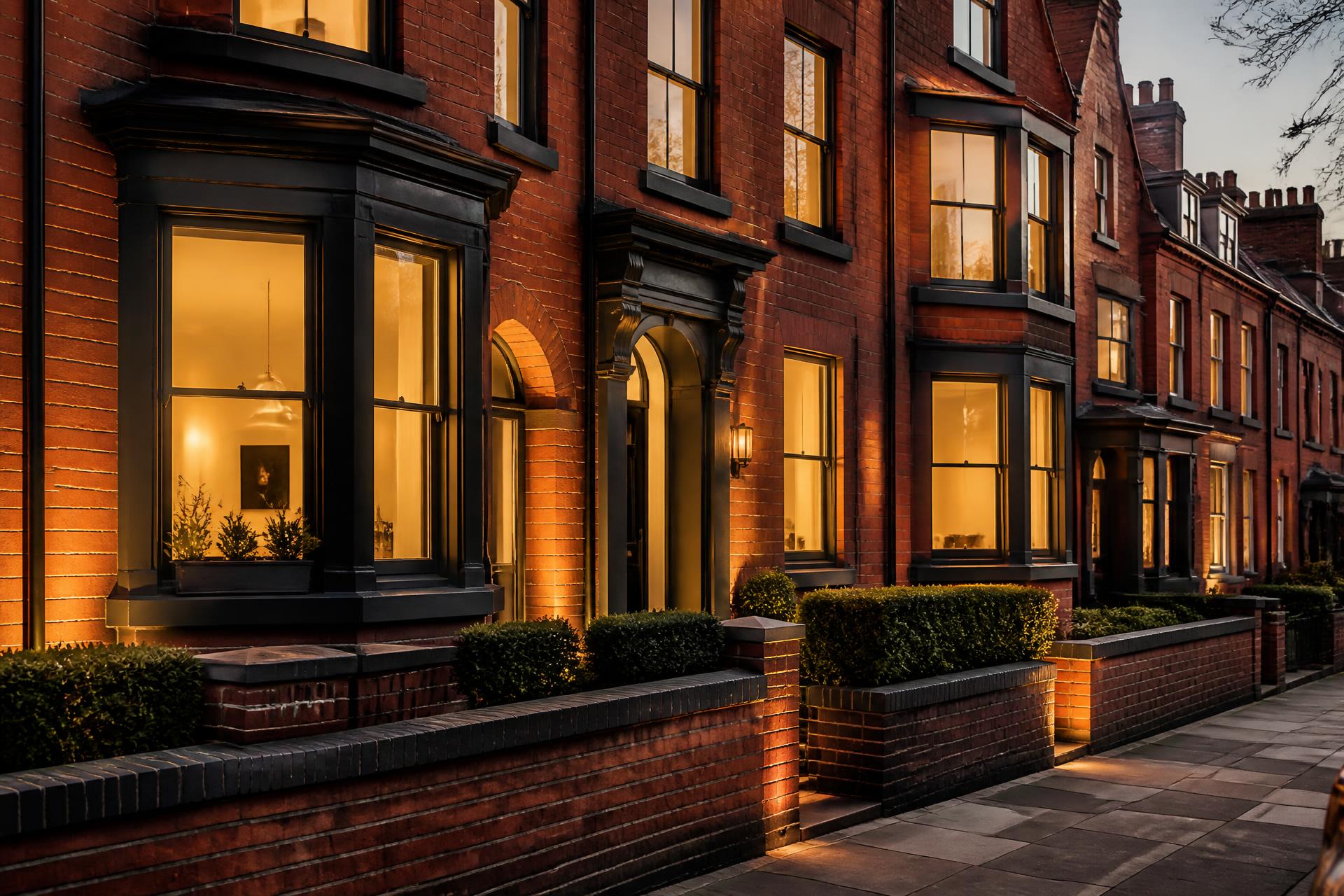 Elegant lit-up Birmingham red-brick townhouse at dusk